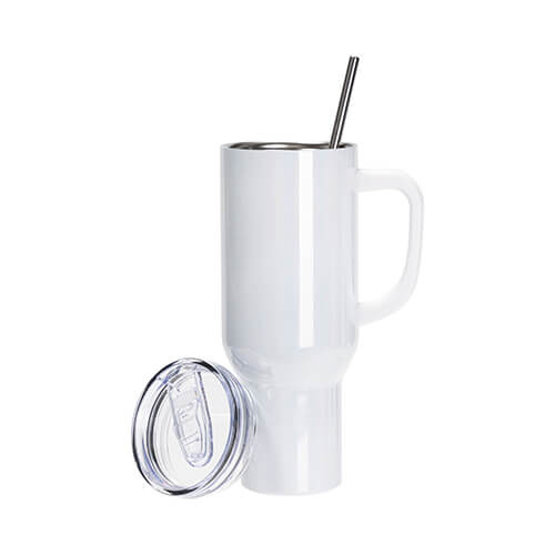 Stainless steel mug 1200 ml with lid and straw for sublimation - iridescent white