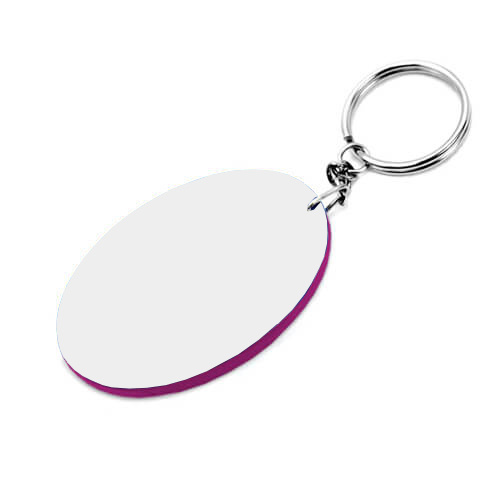 Oval nøglering i plast 68 x 48 mm hvid med lilla kant Sublimering med termisk overførsel