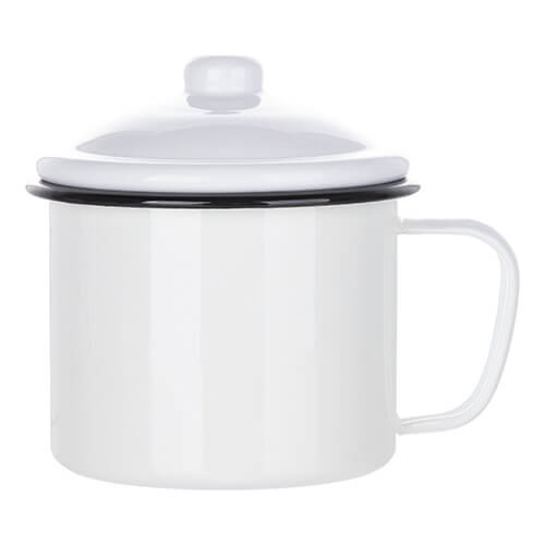 Kovový smaltovaný hrnček 1000 ml s vekom na sublimáciu - biely s čiernym okrajom
