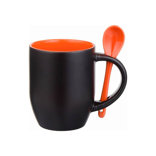 Magic mug with a spoon for sublimation printing - black mat with orange interior