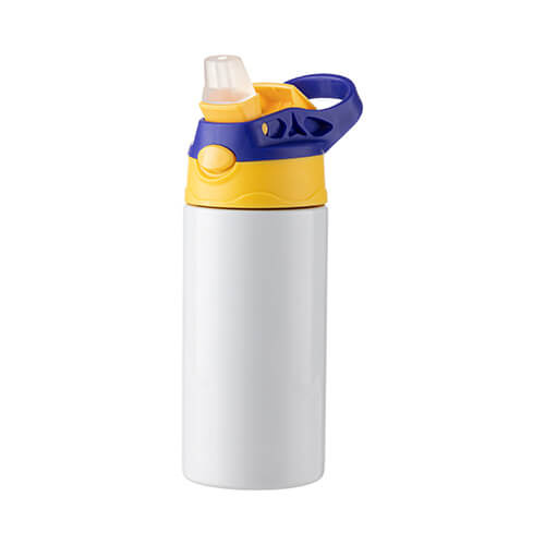 A 360 ml children's water bottle made of stainless steel for sublimation - white with a yellow / blue screw cap