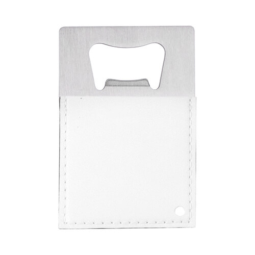 Flaskeåbner 5,5 x 8,5 cm i stål og læder til sublimering - hvid