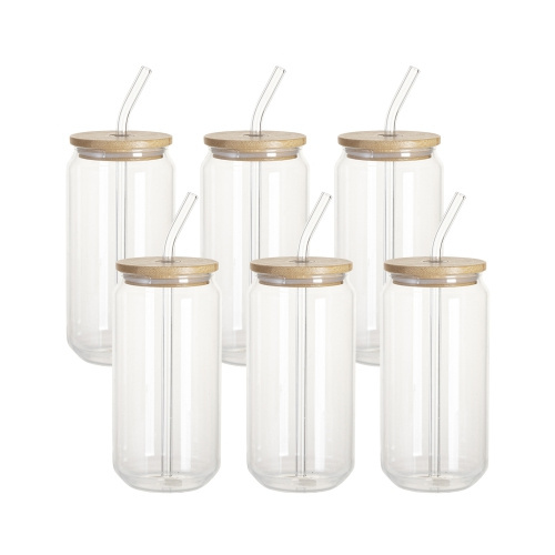 Set de 6 pahare de 550 ml cu pai și capac de bambus pentru sublimare 