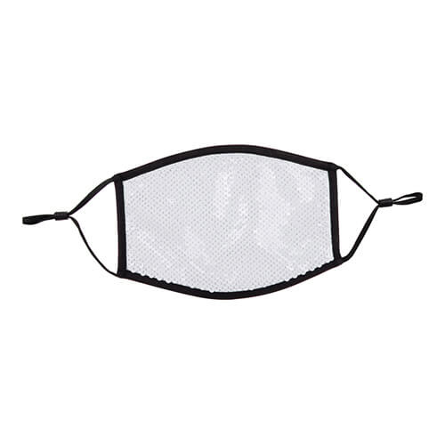 Stor ansigtsmaske med sort piping og pailletter til sublimering