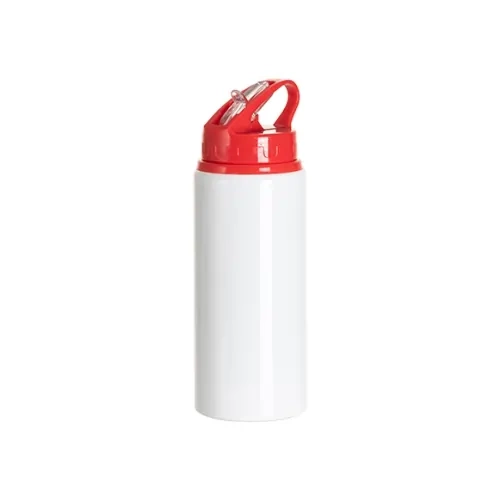 Aluminium fles met mondstuk 600 ml wit met rode dop en handvat voor sublimatie