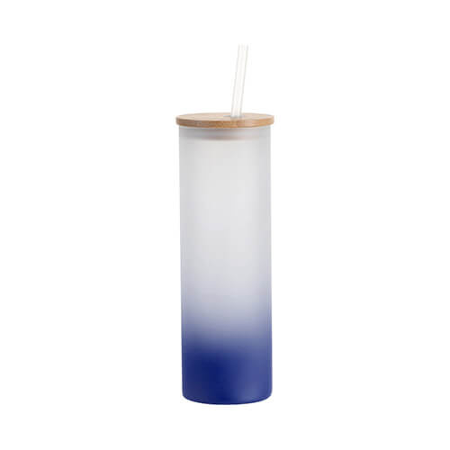 Hrnček s matným povrchom s objemom 600 ml, bambusovým vekom a slamkou na sublimáciu - tmavomodrý gradient