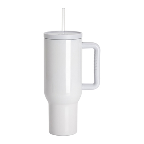 Mug de voyage en acier inoxydable 1200 ml avec poignée et paille - blanc cendré