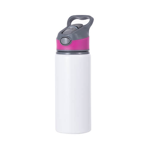 Witte aluminium waterfles van 650 ml met schroefdop en roze inzetstuk voor sublimatie