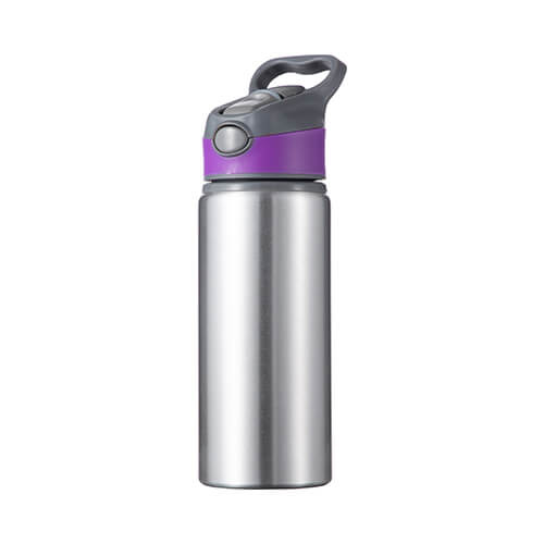 Hliníková fľaša 650 ml strieborná s uzáverom s fialovou sublimačnou vložkou