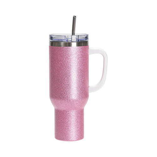 Taza brocada de acero inoxidable 1200 ml con tapa y pajita para sublimación - rosa