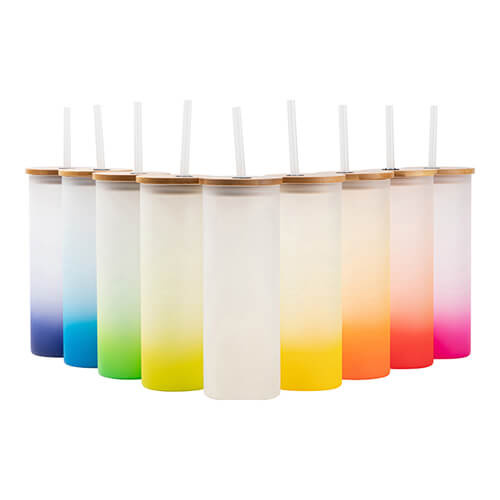 500 ml matinis puodelis su bambuko dangteliu ir šiaudeliu sublimacijai - violetinis gradientas