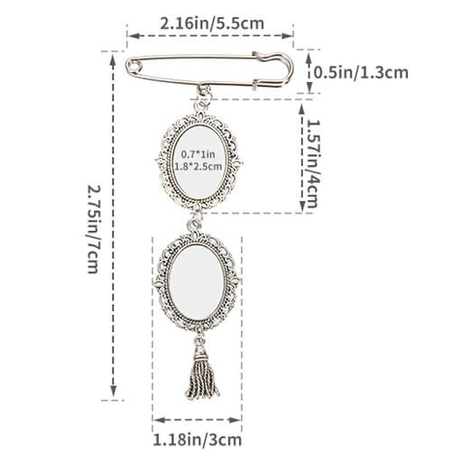 Double oval brooch - safety pin with tassel pendant for sublimation