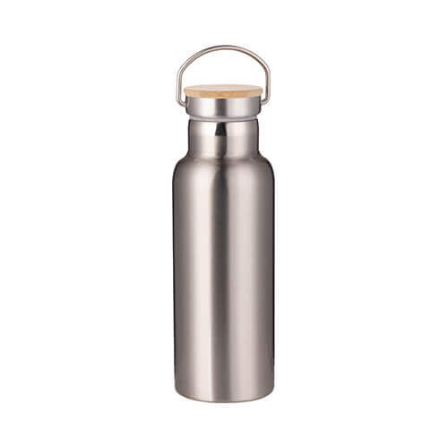 Ruostumattomasta teräksestä valmistettu 500 ml termoskannu, jossa on bambukorkki sublimaatiota varten - hopea