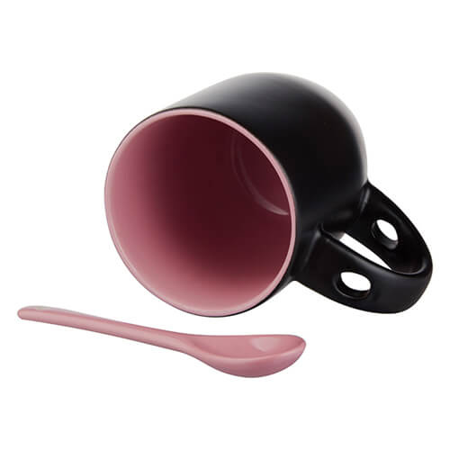 Magische mok met sublimatielepel - mat zwart met roze binnenkant voor sublimatie