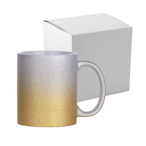 Mok 330 ml met glitter voor sublimatie met een kartonnen doos - goud-zilver verloop