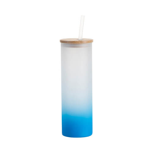 600 ml matēta krūze ar bambusa vāku un salmiņu sublimācijai - zils gradients