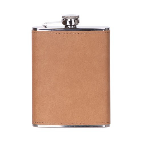 240 ml metāla krūšu paliktnis ar brūnu ādas pārvalku sublimācijai