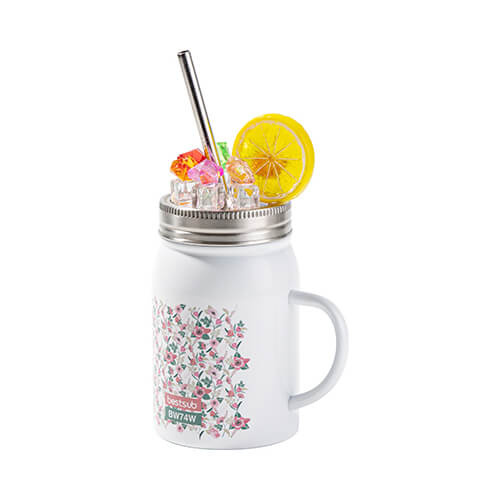 Mason Jar 500 ml krus med sugerør og sublimeringshåndtag - hvid, faux ice og citron
