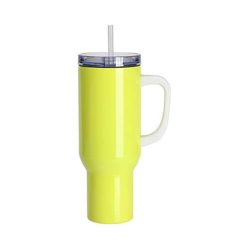 Ruostumattomasta teräksestä valmistettu 1200 ml matkamuki sublimaatiota varten - neonkeltainen