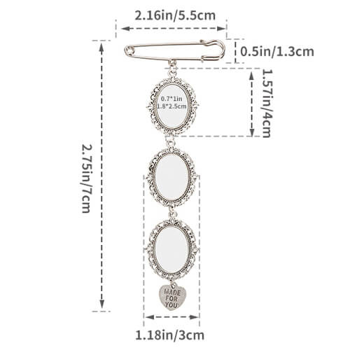 Triple oval brooch - safety pin with heart-shaped pendant for sublimation