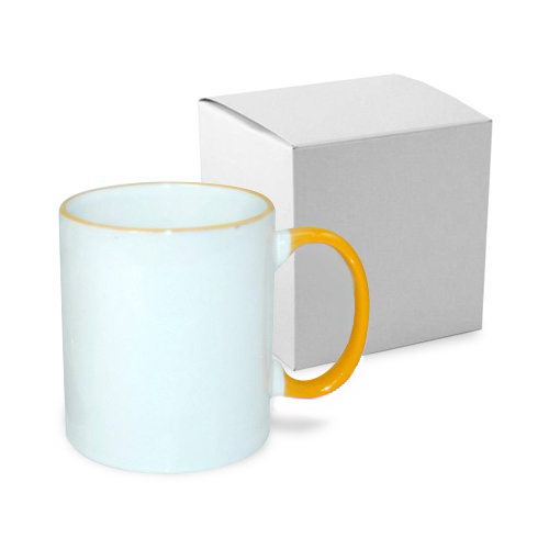 Taza ECO 330 ml con asa de color amarillo dorado con caja de transferencia térmica por sublimación