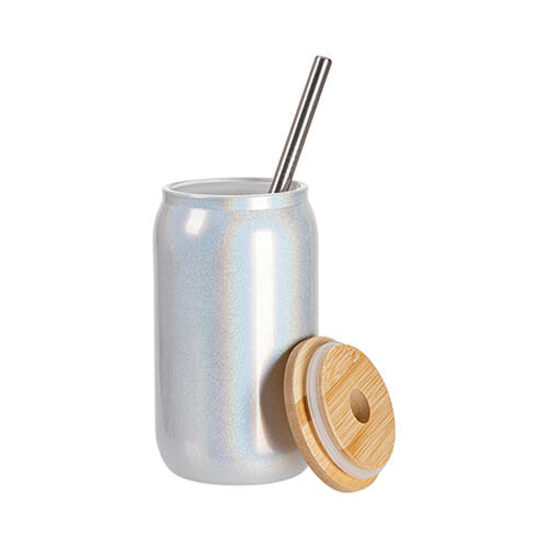 400 ml glāze ar salmiņu un bambusa vāku sublimācijai - balti spīdumi