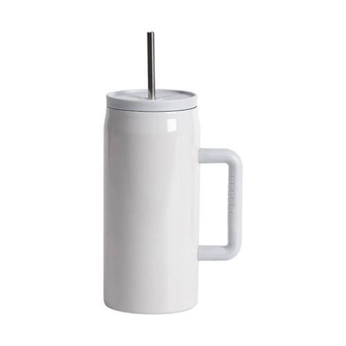 Mug de voyage en acier inoxydable 1200 ml avec poignée et paille, avec couvercle étanche - blanc cendré