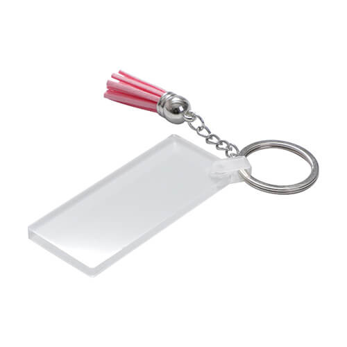 Breloc acrilic pentru sublimare - dreptunghiular cu ciucure roz