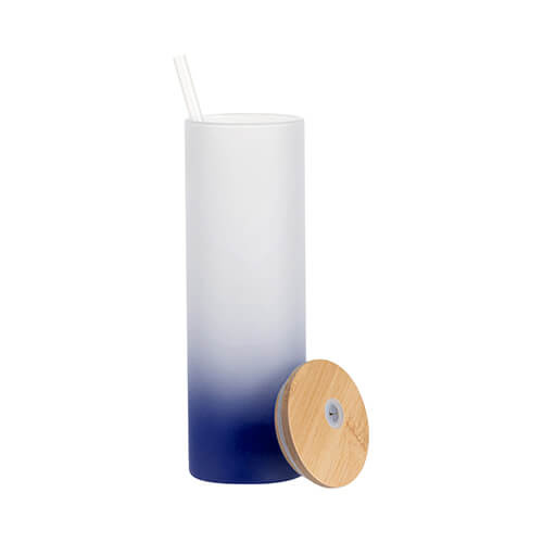Taza escarchada 600 ml con tapa de bambú y pajita para sublimación - degradado azul marino