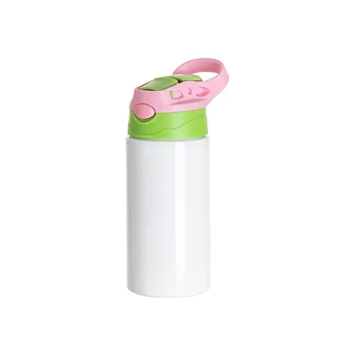 Botella de aluminio 500 ml blanca con tapón verde y asa rosa para sublimación