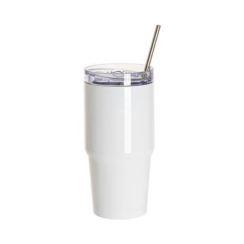 Taza de viaje de acero inoxidable 600 ml con tapa y pajita para sublimación - blanco