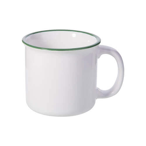 300 ml enamelled ceramic mug for sublimation printing - white with green lining on the edge