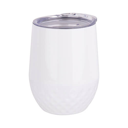 360 ml puodelis karštam vynui sublimuoti - baltos spalvos, kvadratėlių raštas