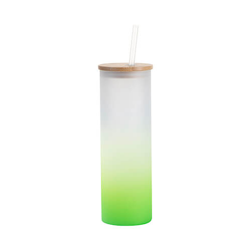 Hrnček s matným povrchom s objemom 600 ml, bambusovým vekom a slamkou na sublimáciu - zelený gradient