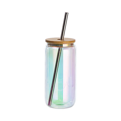 550 ml glas met rietje en bamboe deksel voor sublimatie - gegalvaniseerd glas