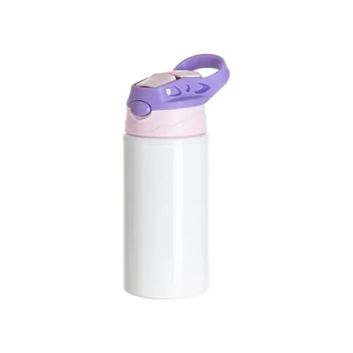 Bouteille en aluminium 500 ml blanche avec bouchon rose et poignée violette pour sublimation