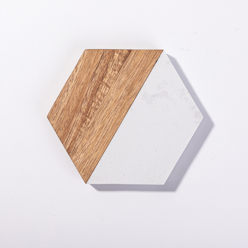 Set of 4 hexagonal marble and wooden mug coasters for engraving