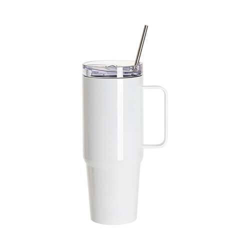 Nerūsējošā tērauda 900 ml krūze ar vāku un salmiņu sublimācijai - balta