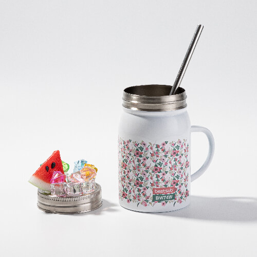 Mug Mason Jar 500 ml avec paille et anse sublimation - blanc, glace artificielle et pastèque
