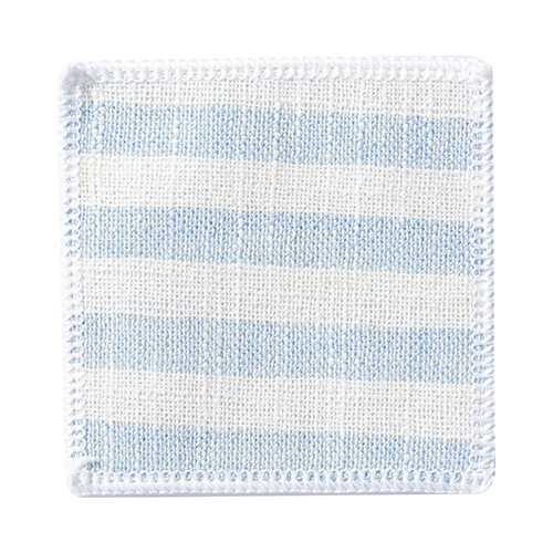 Pellavainen mukialusta 10 x 10 cm kermainen, jossa on sinisiä raitoja sublimaatiota varten