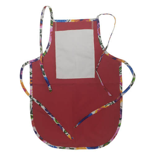 Tablier arrondi pour enfants avec poche pour sublimation - rouge avec passepoil coloré - Fleurs blanches slaves