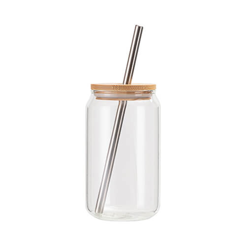 A 400 ml glass with a straw and a bamboo lid for sublimation