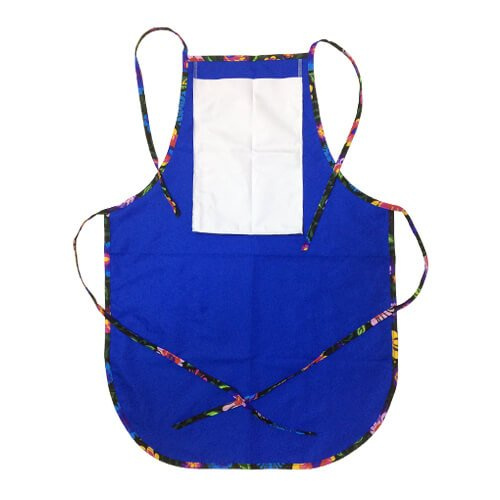 Afgerond keukenschort met bedrukbare zak - blauw met gekleurde biezen - zwarte Slavische bloemen