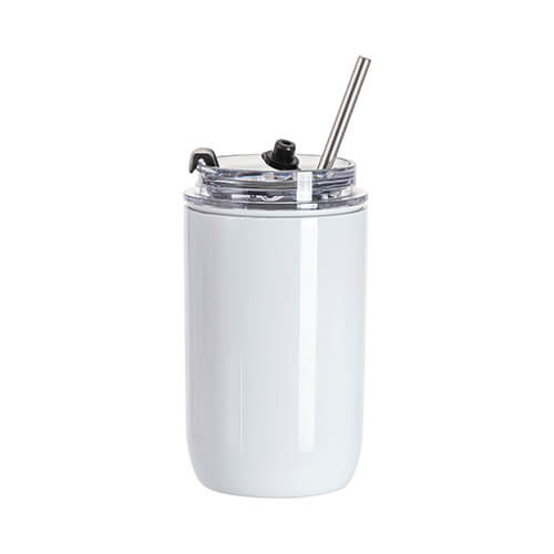 Ruostumattomasta teräksestä valmistettu 350 ml muki, jossa on kansi ja olki sublimaatiota varten - valkoinen