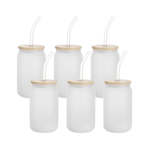 Set van 6 matglazen van 400 ml met rietje en bamboe deksel voor sublimatie 
