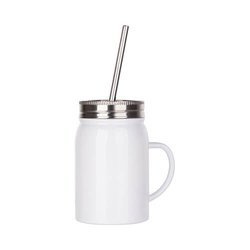 Cană Mason Jar 500ml cu pai și mâner pentru sublimare - alb