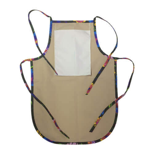 Rond kinderschort met bedrukte zak - beige met gekleurde bies - zwarte Slavische bloemen