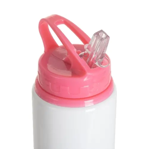 Aluminium fles met mondstuk 600ml wit met roze dop en sublimatiehouder