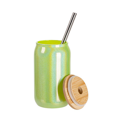 Un verre 400 ml avec une paille et un couvercle en bambou pour sublimation - paillettes vertes
