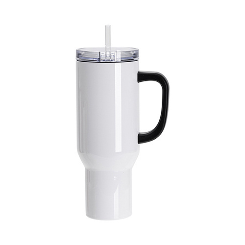 Nerūsējošā tērauda ceļojumu krūze 1200 ml ar melnu rokturi sublimācijai - balta
